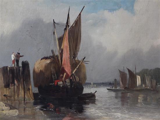 Circle of William Calcott Knell (1830-1880) Hay barge beside a wharf, 12 x 16in.